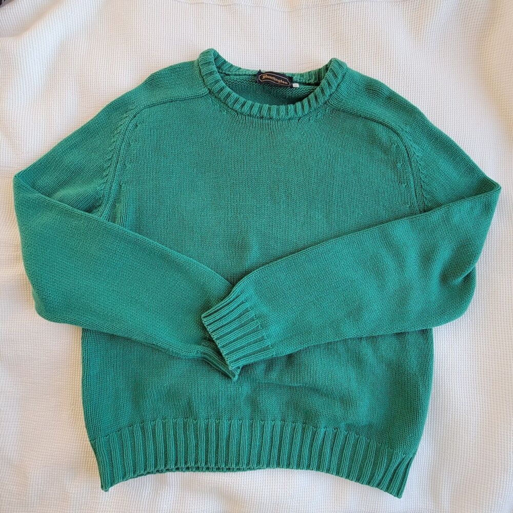 Vintage HUNTINGTON Green Fine Cotton Sweater Size L Crewneck Preppy Raglan USA